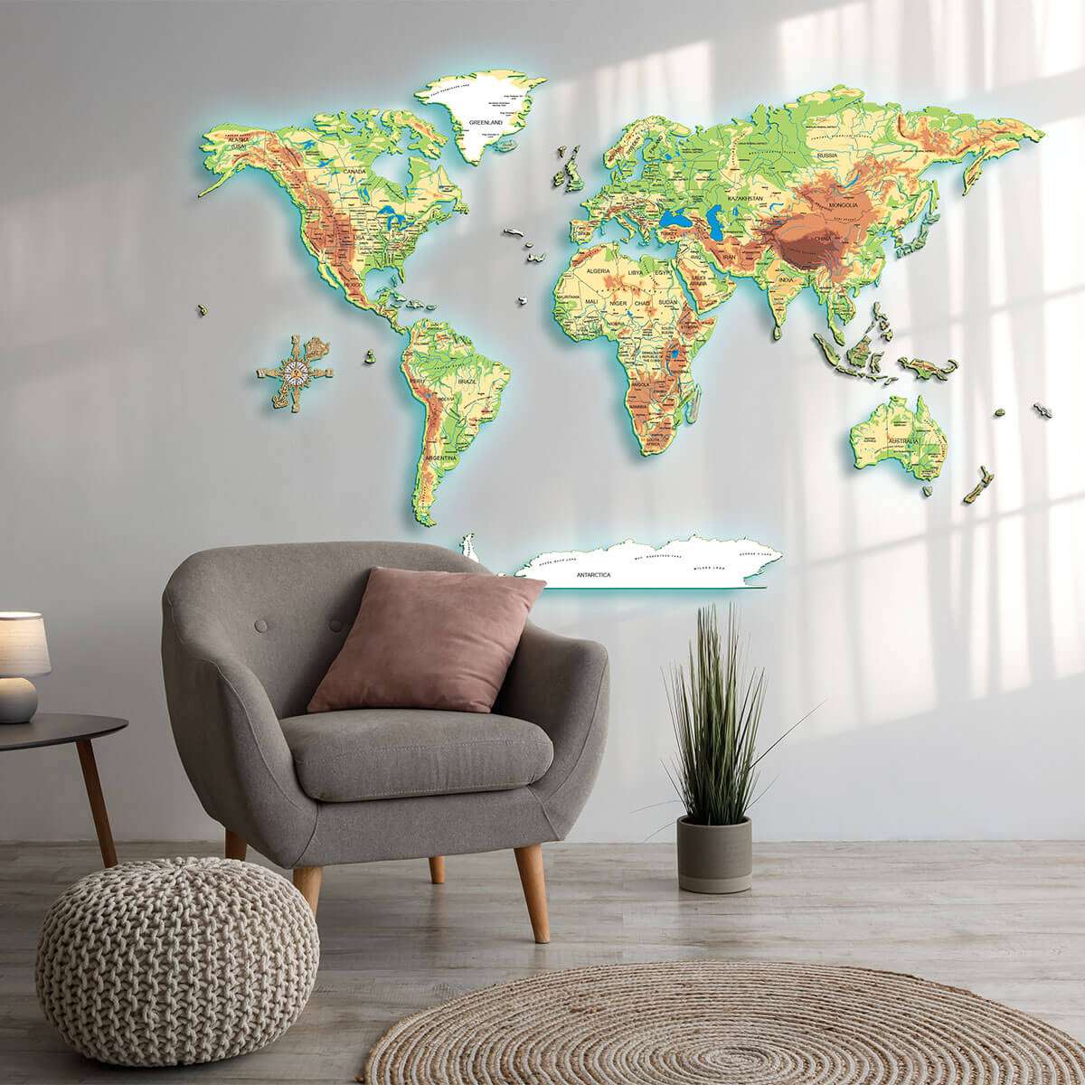 Full colour LED illuminated wooden world map