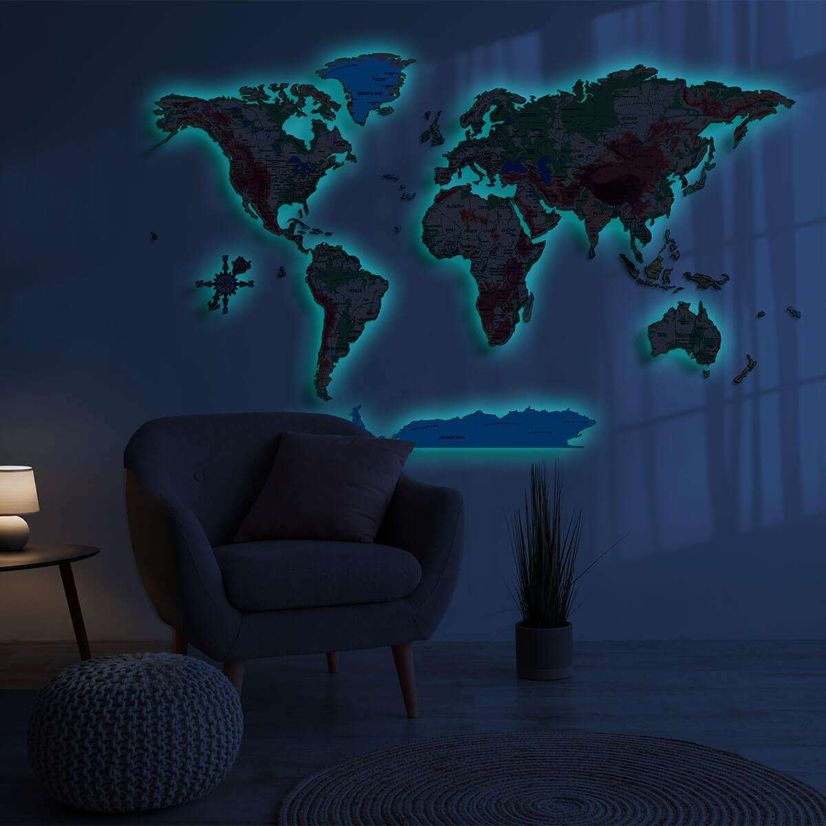 Full colour LED illuminated wooden world map