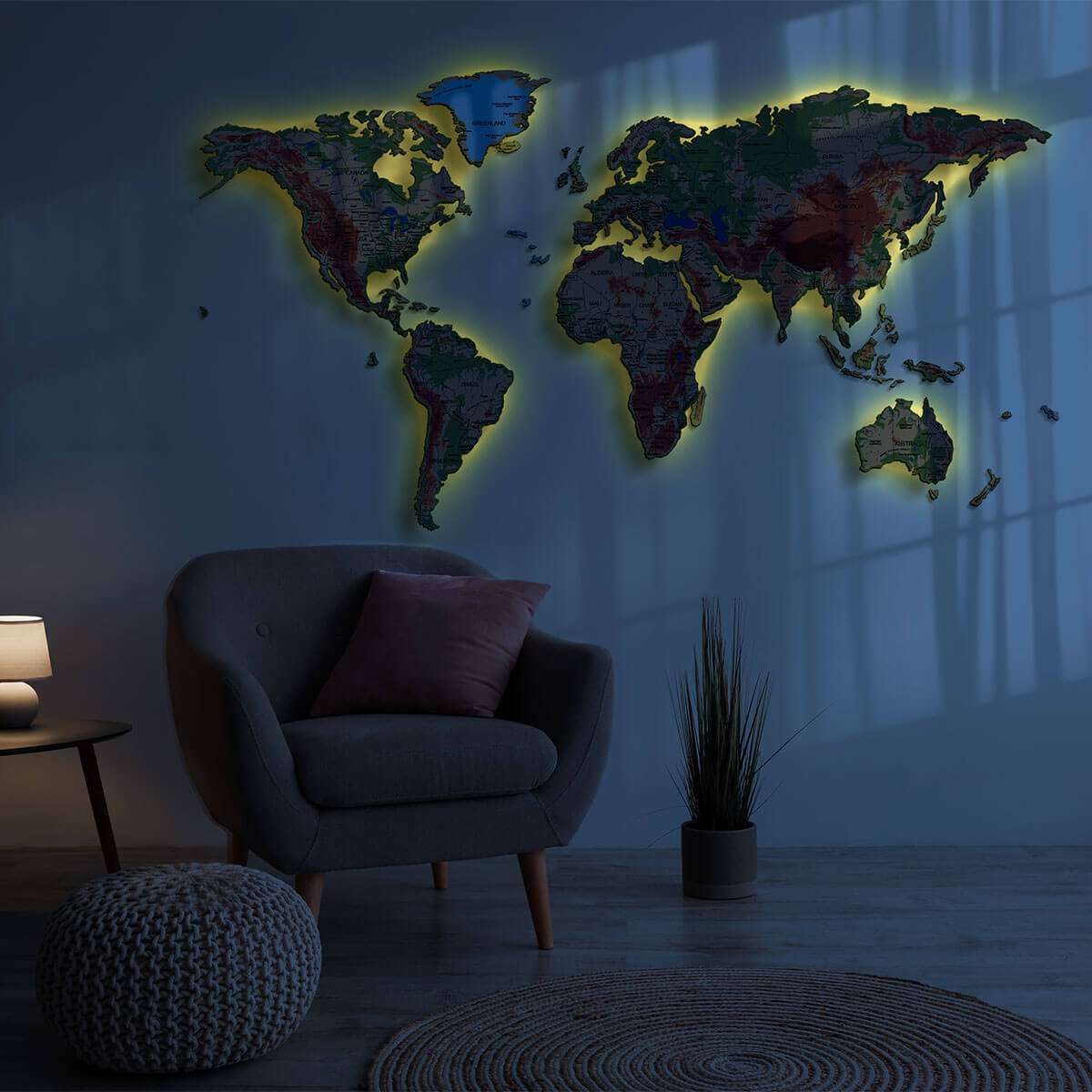 Full colour LED illuminated wooden world map