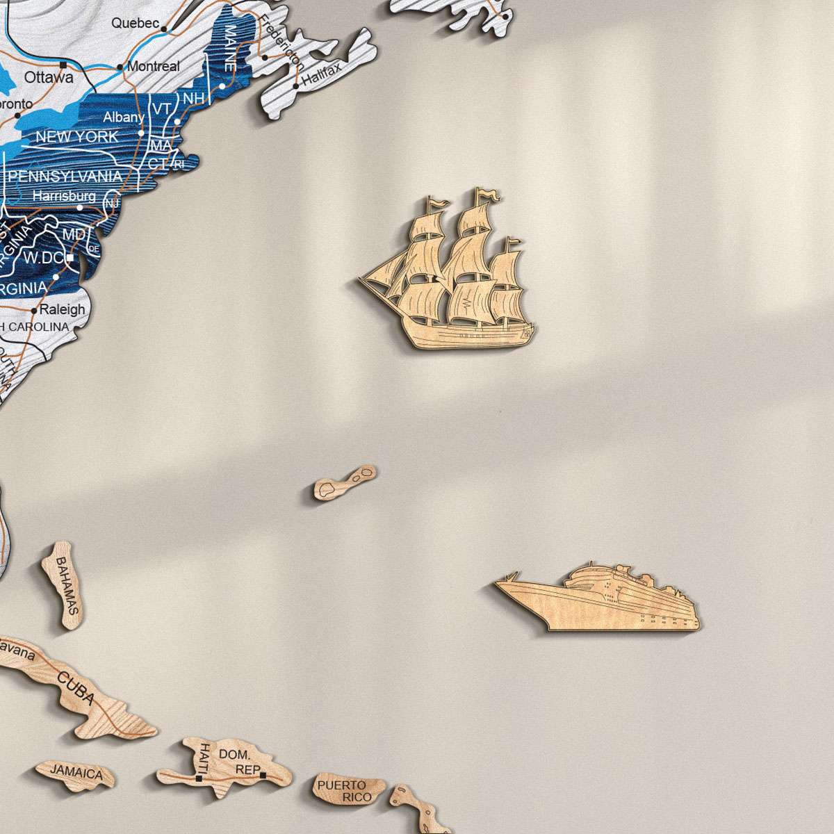 Colourful wooden boats, sailboats and planes