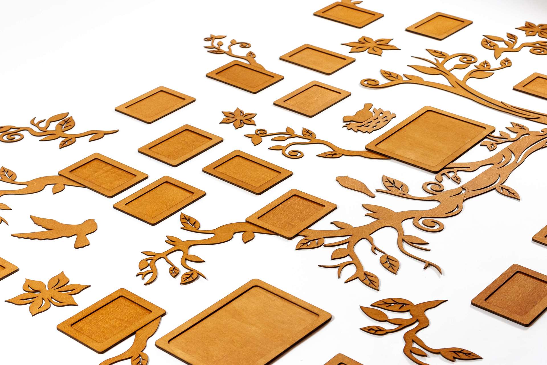 Familietræ i træ med 23 billedrammer