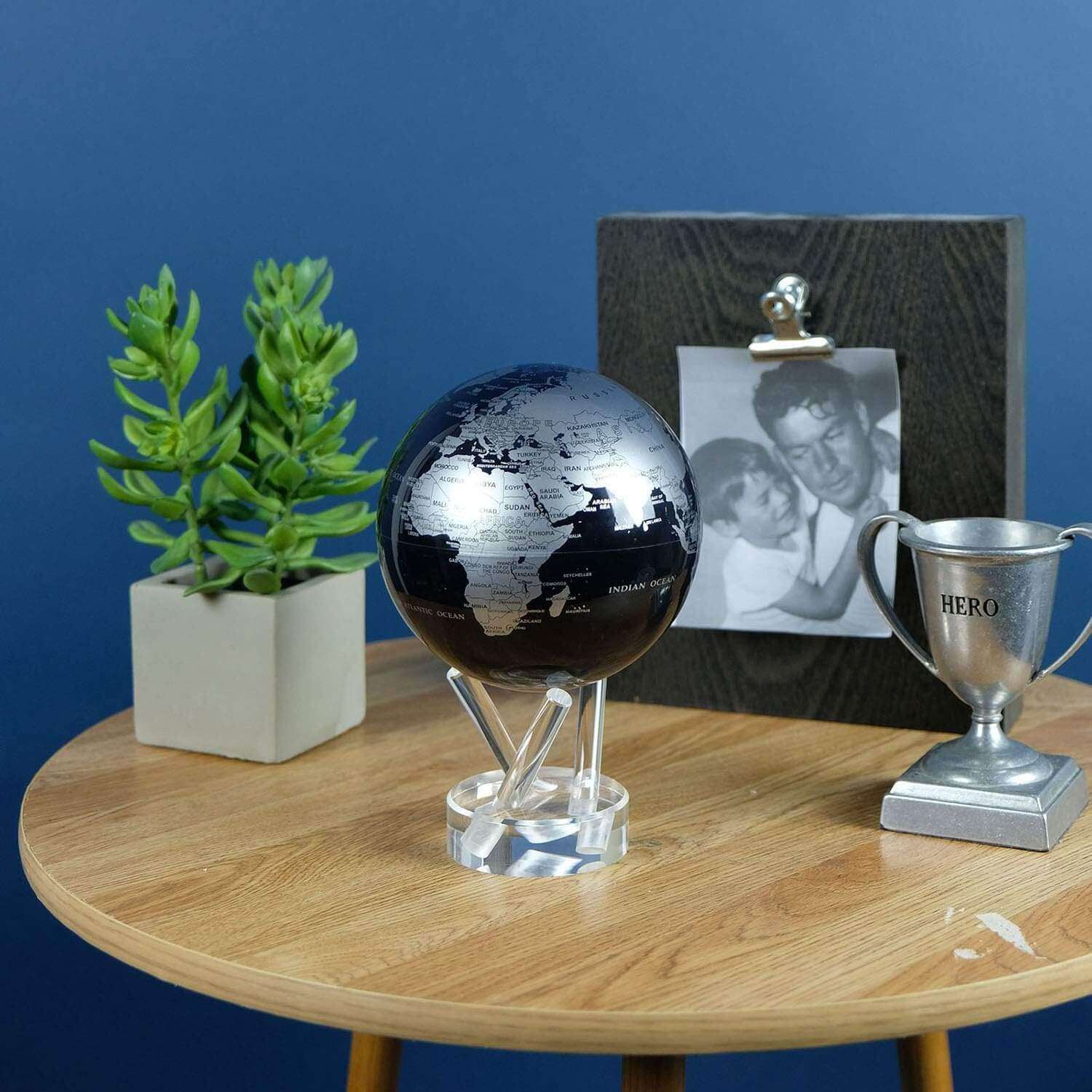 Mova Metallic Black and Silver Self Spinning Globe