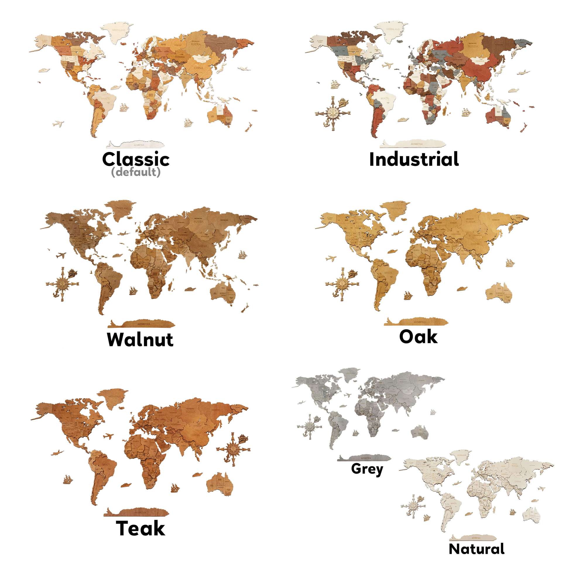 Wooden world map staining comparison