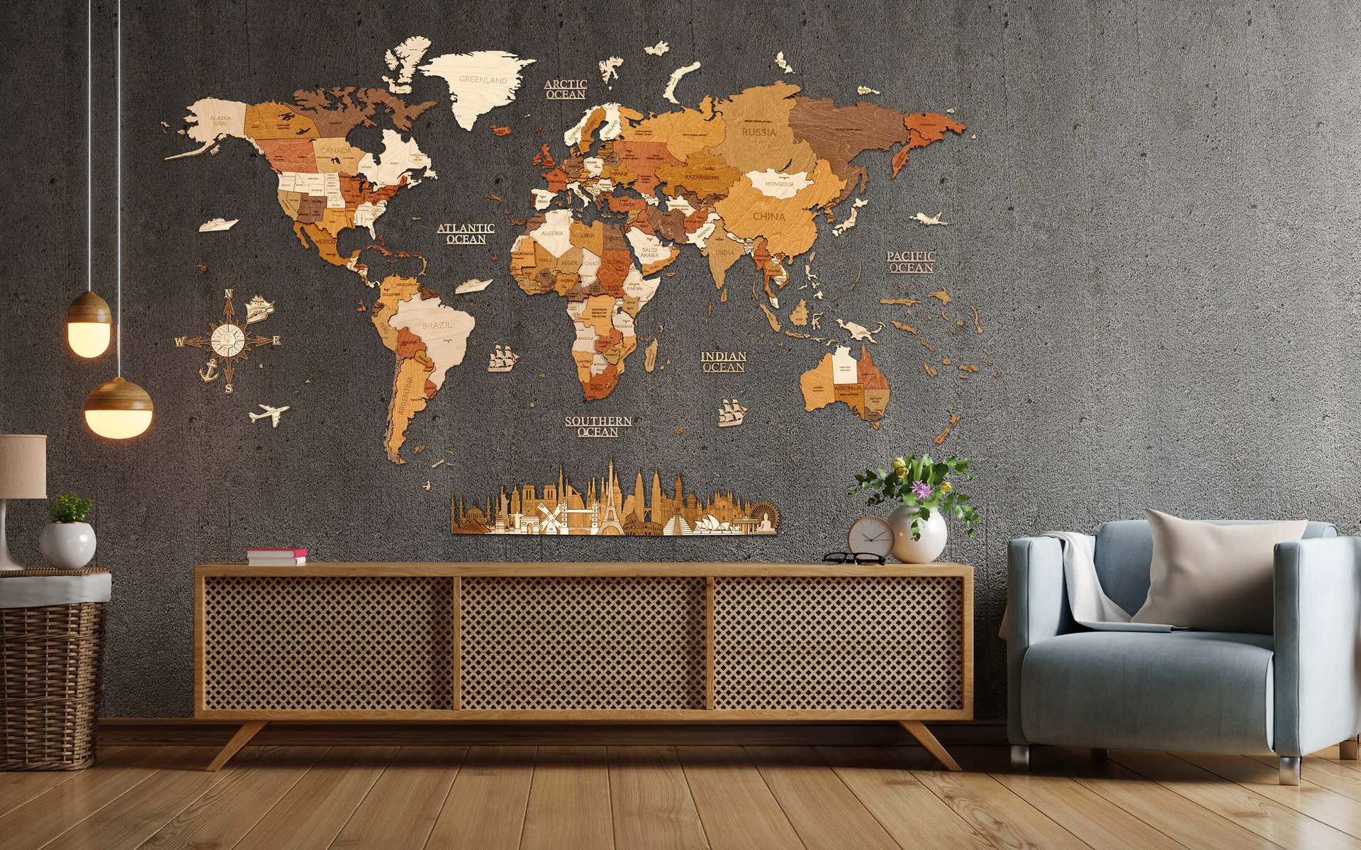 Wooden World Map Wall Decoration