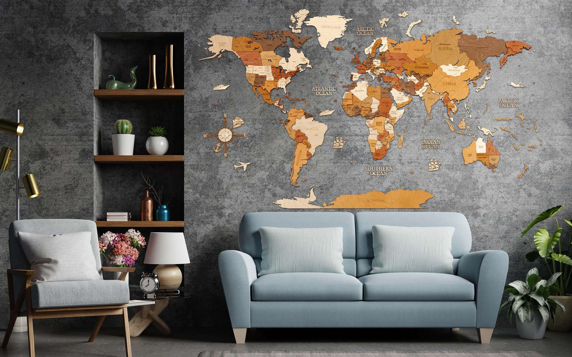 Wooden World Map Wall Decoration