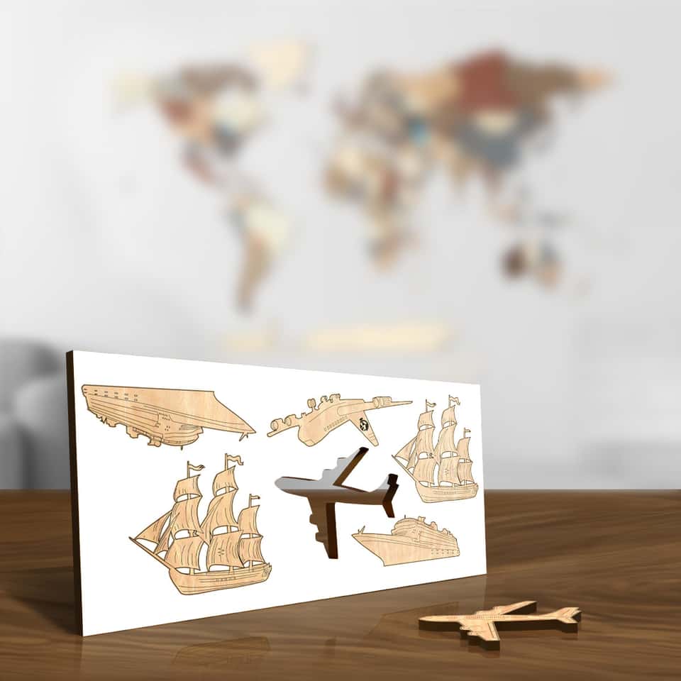 Colourful wooden boats, sailboats and planes