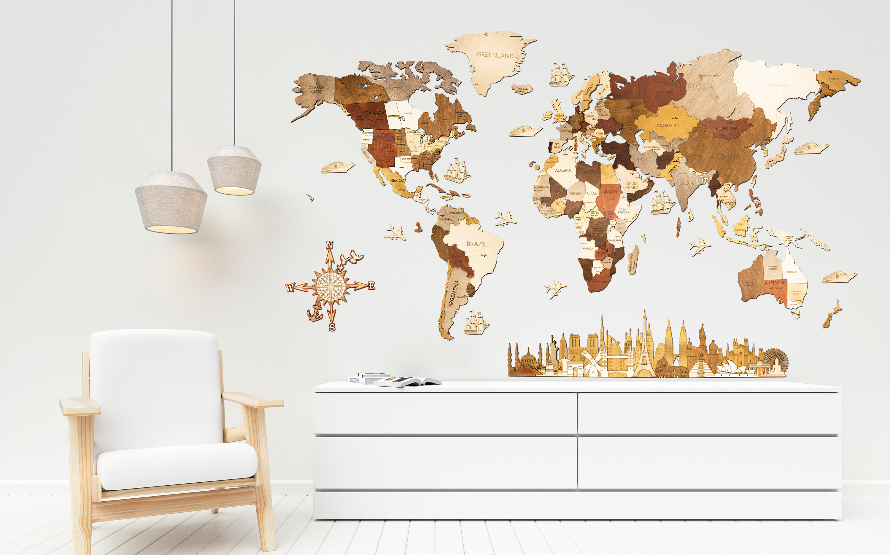 Mappa del mondo in legno 3D
