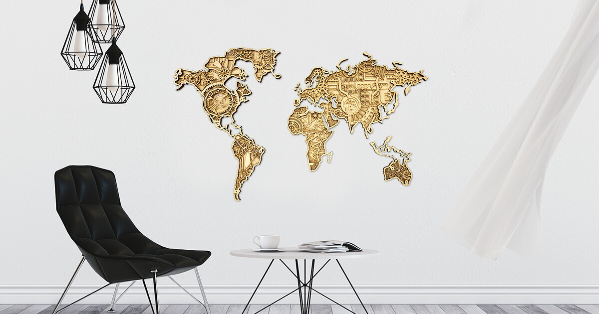 Industrial Wooden Map of the World - wall mounted