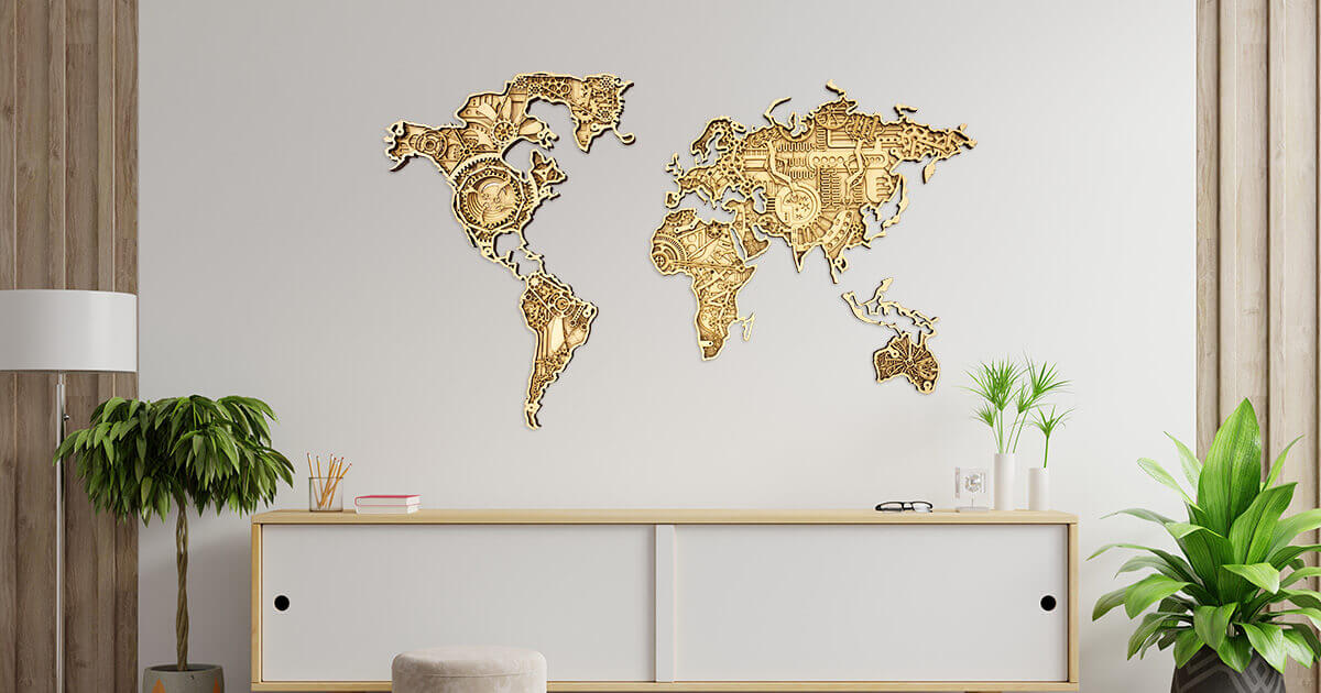 Industrial Wooden Map of the World - wall mounted