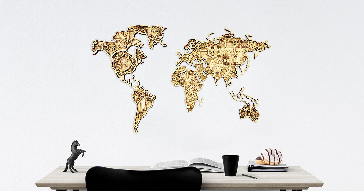 Industrial Wooden Map of the World - wall mounted