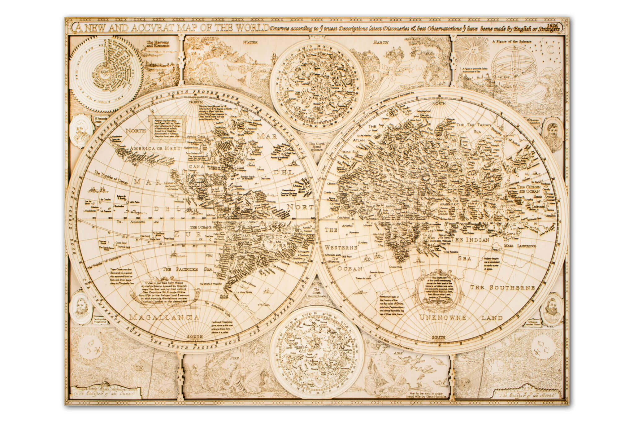 Historical Wooden World Map - full detail