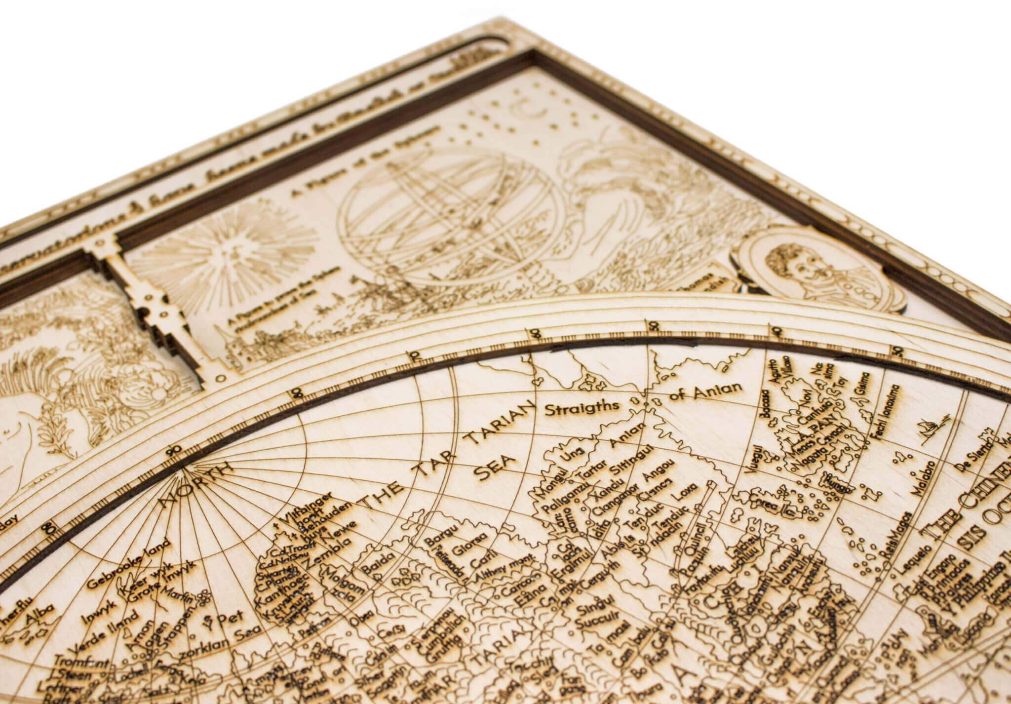 Historical Wooden World Map - engraving detail