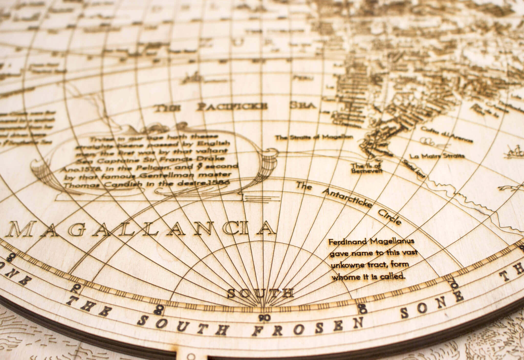 Historical Wooden World Map - engraving detail